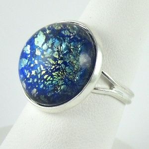 Blue Opal Ring Large Adjustable Glass Cocktail Ring Ring Silver band